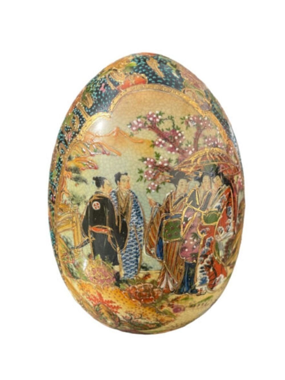 Vintage Japanese Hand-Painted Satsuma Moriage Goso Blue Egg Sculpture
